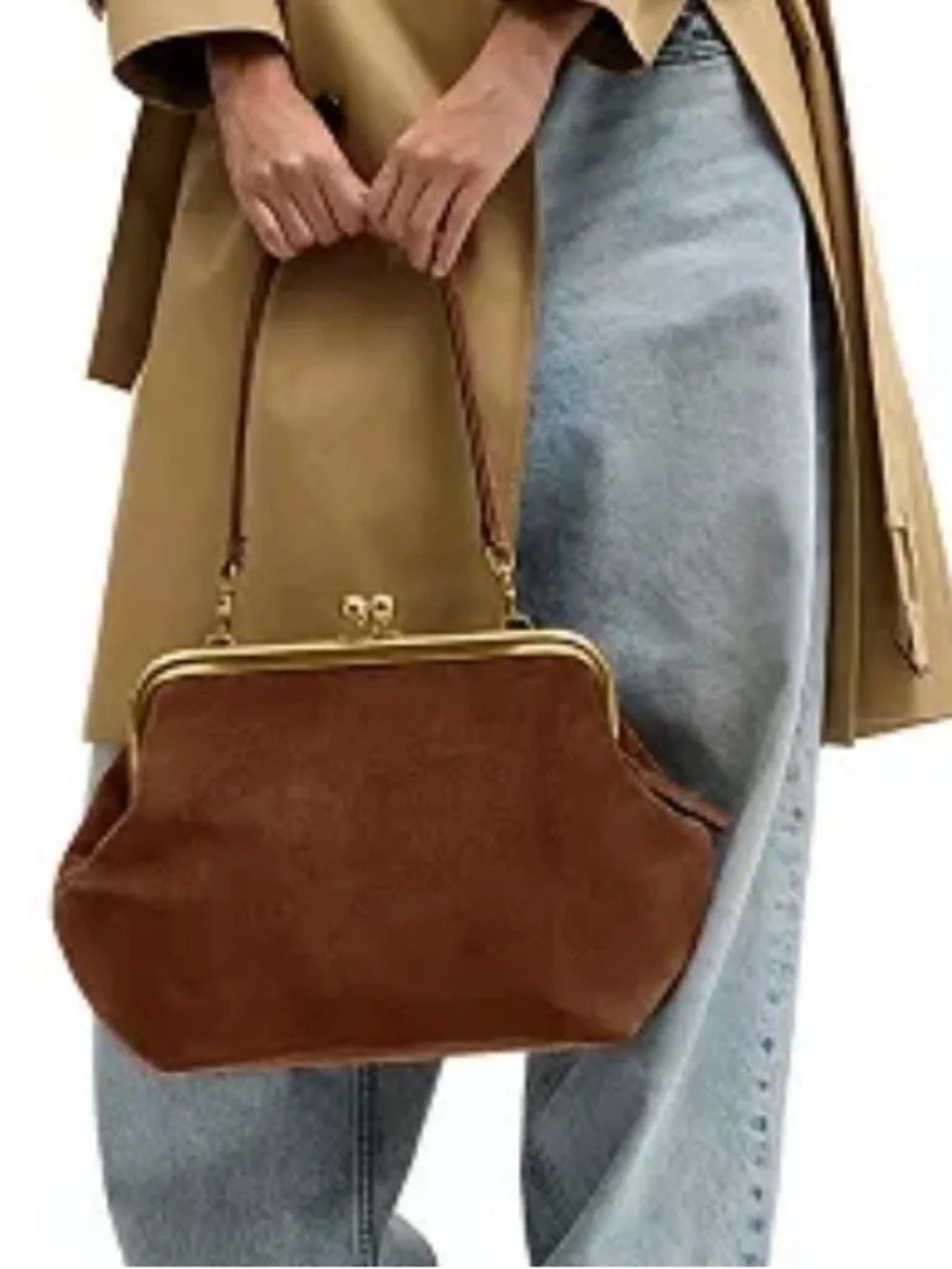 Coach Brown Suede Frame-Top Shoulder Bag with Gold Hardware